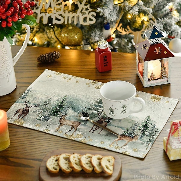 Vattenfärgshjortar, träd och snöflingor Juldukar för matbord, 12 x 18 tum Säsongsbetonad vinter Jul semester rustik uppsättning om 4