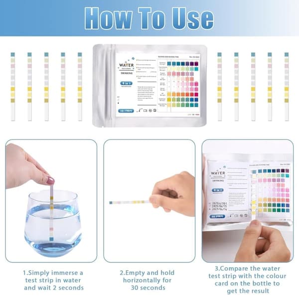 50-pack 9-in-1 pH Test Strips - Water Test for Drinking Water, Pool, Measures Hardness, Chlorine, Copper, Iron, Nitrate, Nitrite, and Alkalinity