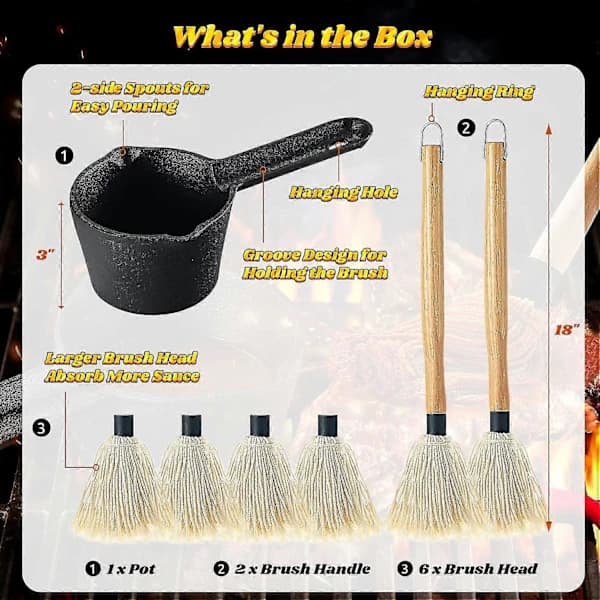 Støbejerns Saucegryde og BBQ Moppe Børstesæt til Grillning, 6 stk. Grilltilbehør Inkluderer 710 ml