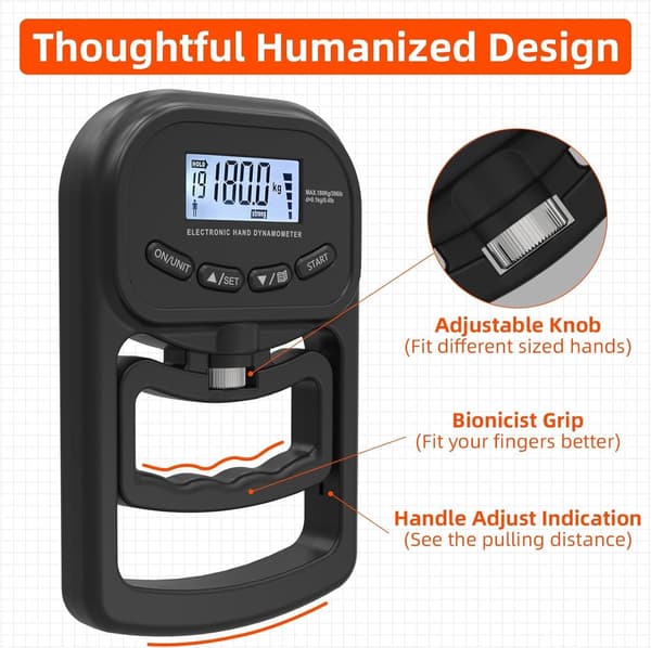 Grip Strength Trainer - 180kg - Electronic Hand Dynamometer - Digital Tester - Finger Strength Trainer - Hand Trainer - Black
