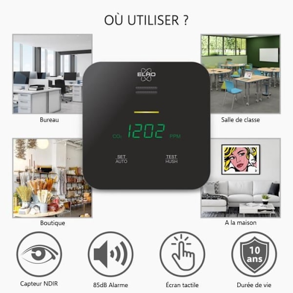 ELRO FCO2400 CO2-mätare - Luftkvalitet med NDIR-sensor för CO2, temperatur och luftfuktighet - med Auto-kalibrering Svart