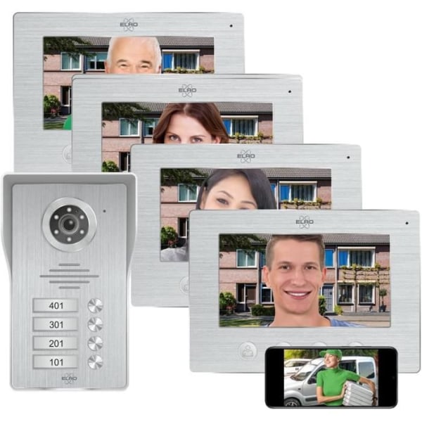 ELRO DV477IP4 WiFi IP Video Intercom. 4 familjer - med 4x7 tums färgskärm. Live View och kommunikation via app Grå