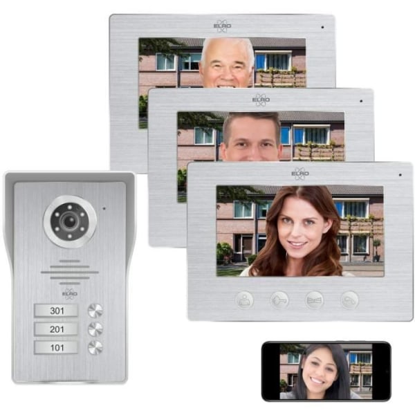 ELRO DV477IP3 WiFi IP Video Intercom. 3 familjer - med 3x7 tums färgskärm. Live View och kommunikation via app Grå