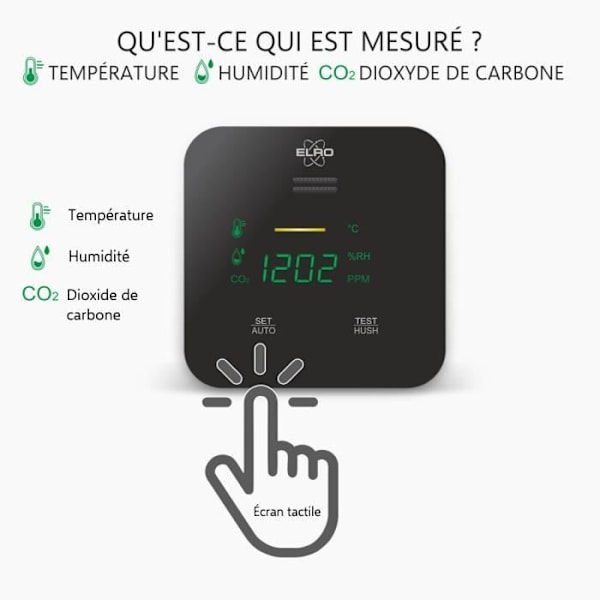 ELRO FCO2400 CO2-mätare - Luftkvalitet med NDIR-sensor för CO2, temperatur och luftfuktighet - med Auto-kalibrering Svart