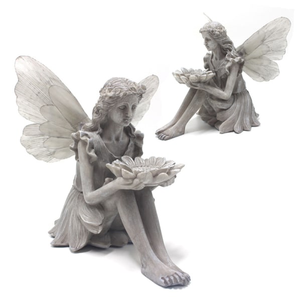 Trädgårdsstaty Fairy Bird Feeder Solar Lamp Figurine Resin Sculptu