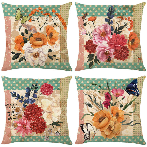 Set med 4 retro kuddfodral 45x45cm vackert blommönster dekorativa