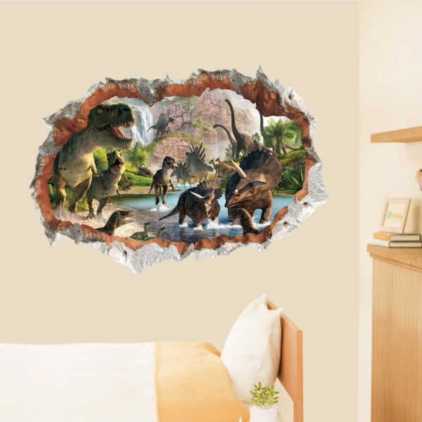 3D dinosaur through the wall wall stickers living room children's