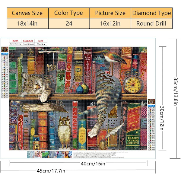 5D Full Diamond Painting Kits för Vuxna Katt DIY Rund Diamantmålning Kit på Hylla för Barn Djur Diamantmålning Vuxen Familj Unik Väggdekor 12x16 Tum