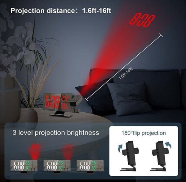 Projektor Väckarklocka, 180° Projektionsväckarklocka, Digital Klocka med LED