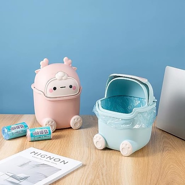 Mini plast skrivbords papperskorg med lock, liten hemmakontor rengöring papperskorg med 50 sopsäckar (grön)