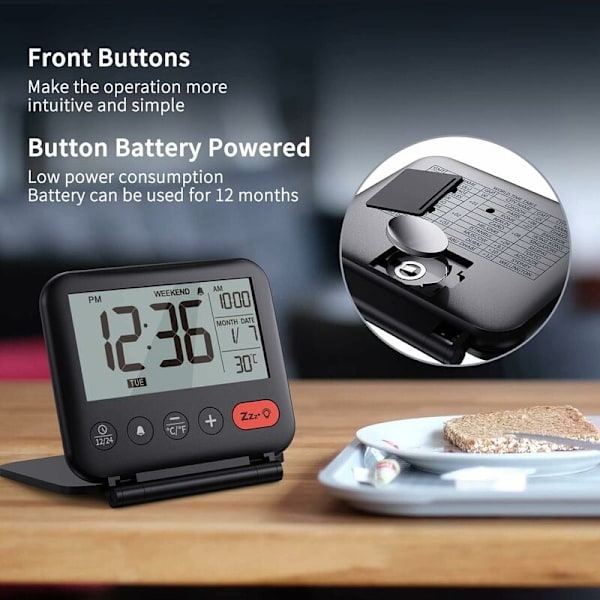 Resväska Liten Bärbar LCD Digital Klocka med Bakgrundsbelyst Kalender 12/24H Temperatur Makeup Spegel Liten Fällbar Skrivbordsklocka Batteridriven (Svart)