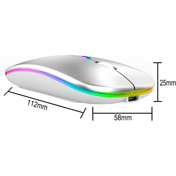 Gjenladbar trådløs mus, Bluetooth-mus, to moduser (BT 5.1 + 2.4G trådløs), stille, 3 DPI-nivåer (800-1200-1600), fargerike lys, trådløs mus for PC/nettbrett/bærbar PC (sølv)