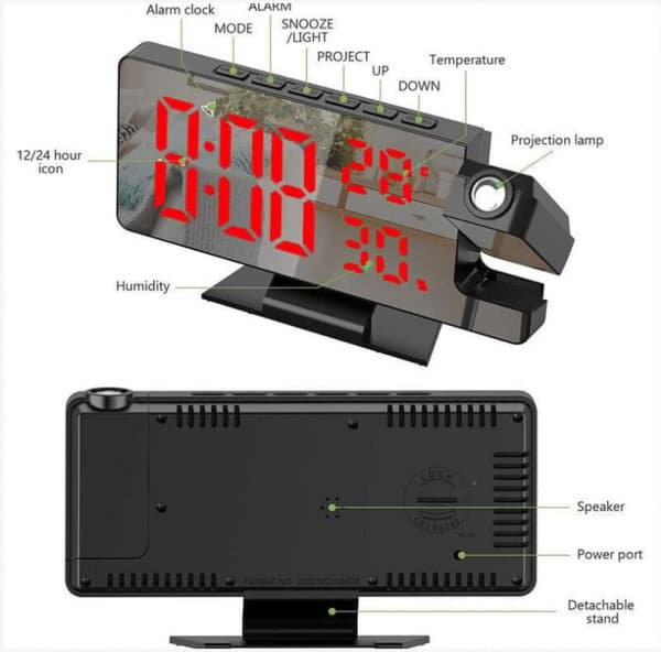 Projektor Väckarklocka, 180° Projektionsväckarklocka, Digital Klocka med LED