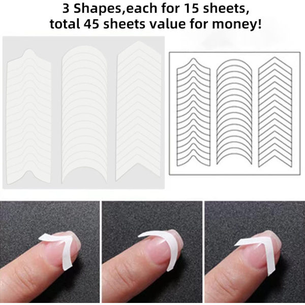 3 Designs Fransk Manikyr Nagelkonst Stickers, Självhäftande Nagelspetsar Guider för DIY Dekoration Stencil Verktyg (3 Måne Form Design, 45 Blad)