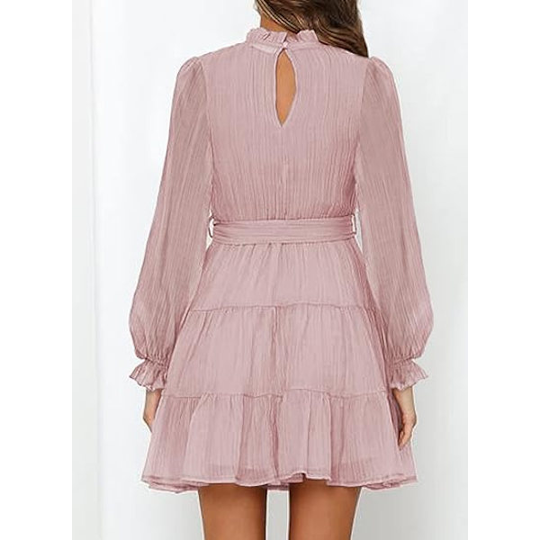 Kvinnors långärmade volang rund hals elastisk midja slips casual kort mini swing klänning，XL