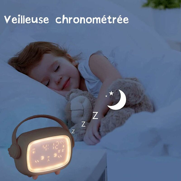 Barnklocka, söt väckarklocka för barn, dag natt nattlampa och musikpåminnelse, röststyrning, justerbar snooze-väckarklocka för flickor pojkar födelsedagspresent