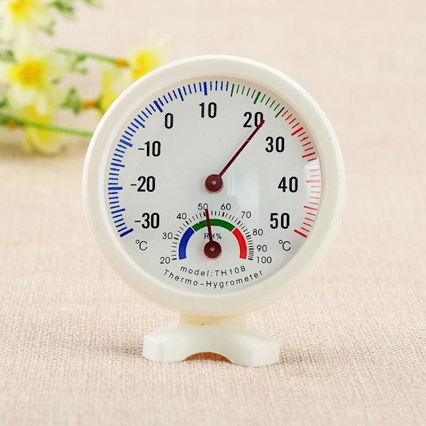 Termometer, hygrometer, rund nåltyp urtavla, testare, vit utsida och
