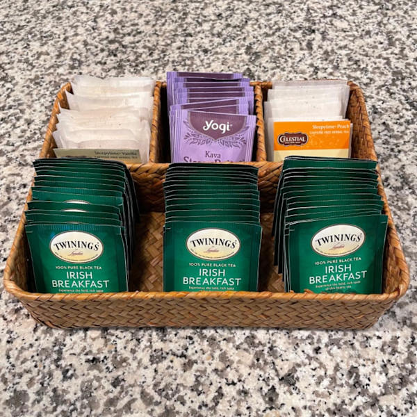 Rattan te-påshållare, kaffe/sockerpåseorganisatör, vävd delad