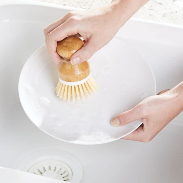 Bambus håndbørste, skrubbørste for rengjøring av tallerkener, flate panner
