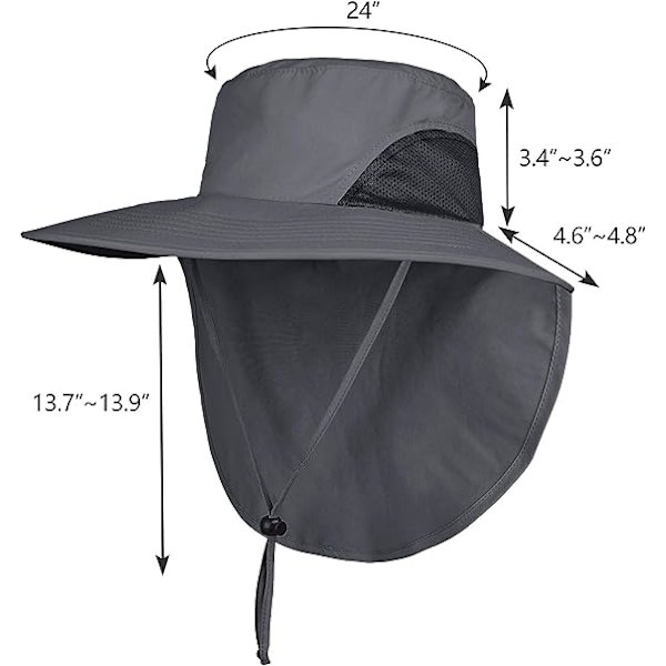 Unisex utomhushattar solskydd bred brätte fiskehatt nackskydd UPF 50+, mörkgrå
