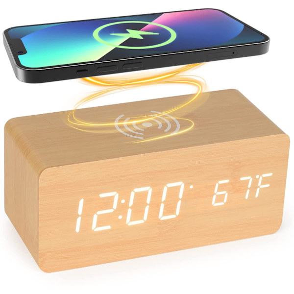 Träväckarklocka med Qi trådlös laddare kompatibel med iPhone Samsung Trä LED digital klocka Ljudstyrningsfunktion, Tid, Datum, Temperaturvisning för sovrum, kontor, hem - Trä