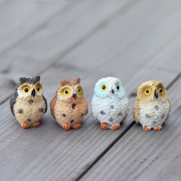 4 stk Mini Resin Owls, Miniatyrfigurer, Fairy Garden Accessori