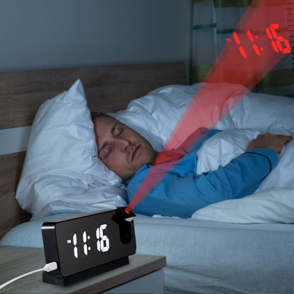 Digital projektionsväckarklocka för sovrum LED-väckarklocka för sovrum med USB-laddningsport, 12/24H, DST, snooze, spegel LED högljudd väckarklocka (svart)
