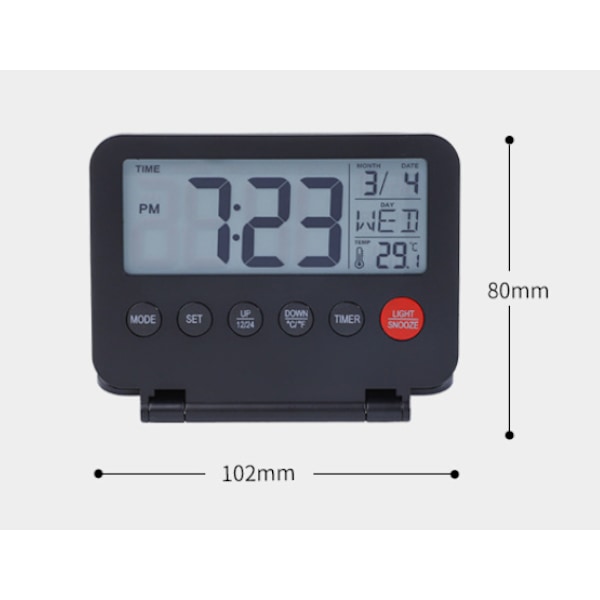 Liten digital reseväckarklocka med LCD-display, datum, temperatur, S