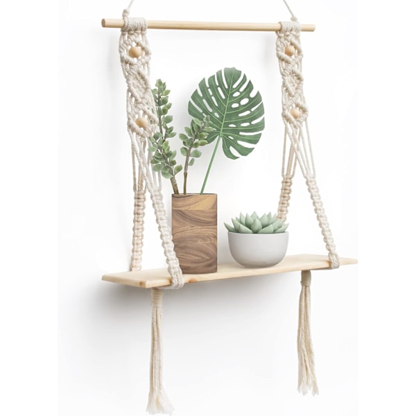 Macrame Vägghylla i Trä Bohemisk Deko Växter Enkel Frans Handvävd Säng