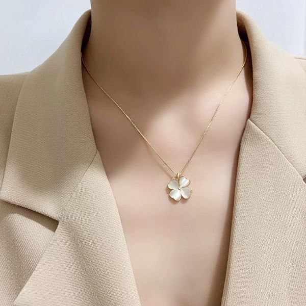 Vind opal klöverblad halsband, guld nyckelben kedja, silver
