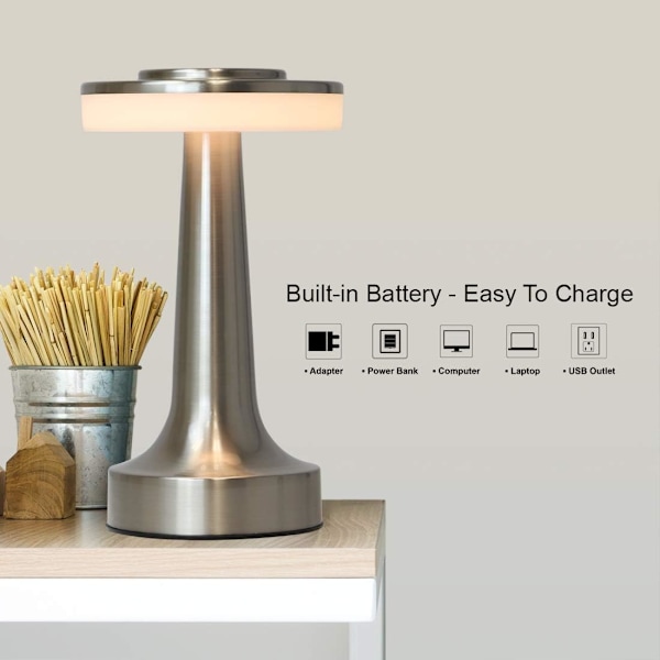 Bärbar LED-bordslampa med touchsensor, uppladdningsbart batteri upp till 20 timmars användning, nattlampa för barnrum, sänglampa, sänglampa (Silver)
