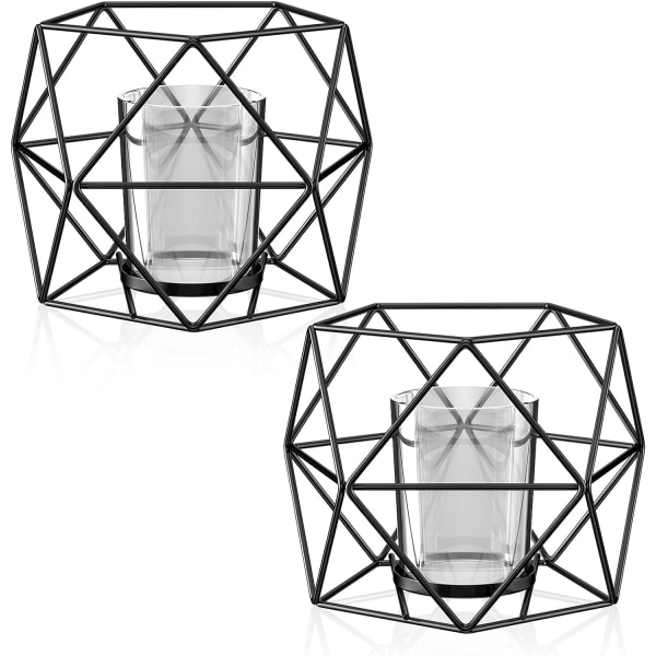 Set med 2 geometriska metallljusstakar, svart ljusstake, Vin