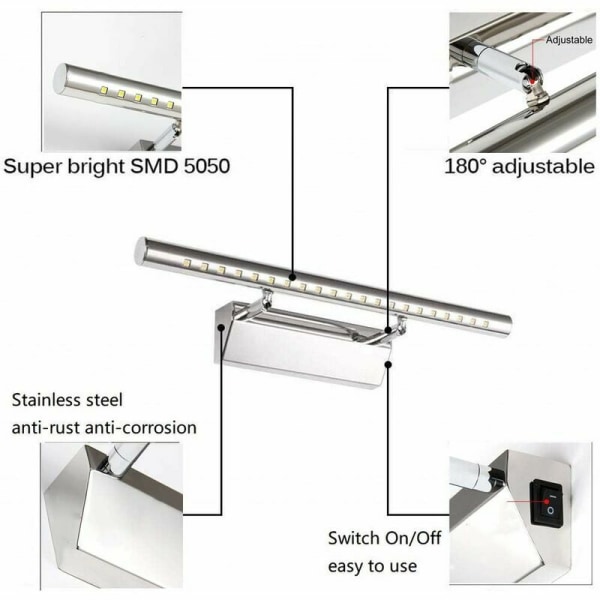 3W LED-peiliseinävalaisin säädettävä 180° ruostumattomasta teräksestä valmistetulla kytkimellä, valkoinen valo 25 cm