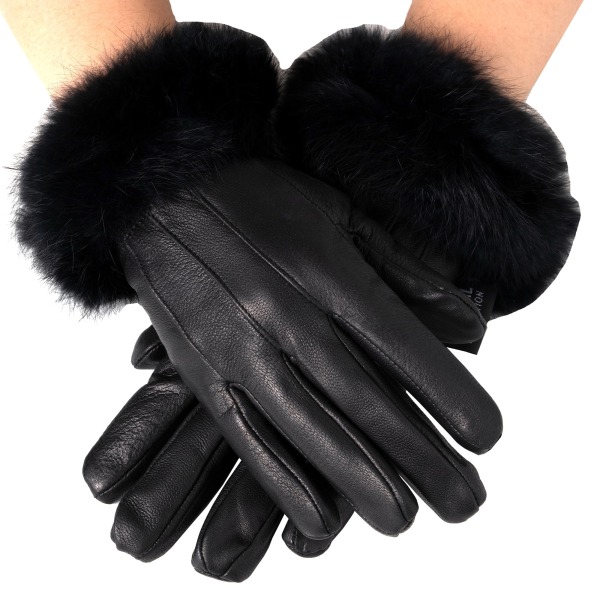 Dam handskar i äkta läder med termiskt foder och konstpälskant