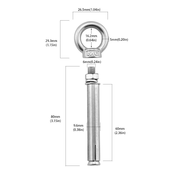 5 stk. Ekspanderende øjebolte med løftering i rustfrit stål (M6×80)