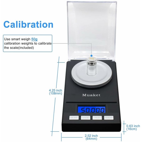Presisjonsmilligramskala 50g x 0,001g, smykkeskala med LED-skjerm, multifunksjonell elektronisk skala, kjøkkenskala, lommeskala med kalibreringsvekt, Versail