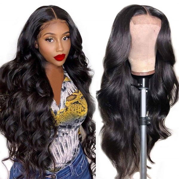 Body Wave Lace Front Peruk Människohår Pre Plockade Blekta Knutar W