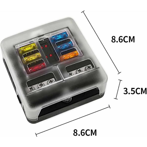 6-vägs 12V säkringsbox, säkringshållare blad säkringsblock med 16 säkringar 6 LED-indikatorlampor skyddande lock för 12V/24V bilfordon båt marin lastbil SUV