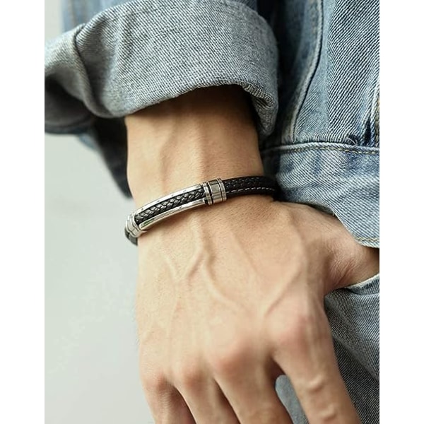 Svart läderarmband för män för tonårspojkar i silver rostfritt stål