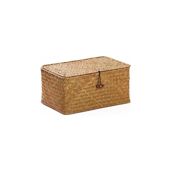 Förvaringskorg i sjögräs med lock av naturmaterial (liten 26 cm x 16 cm x 10 cm H)