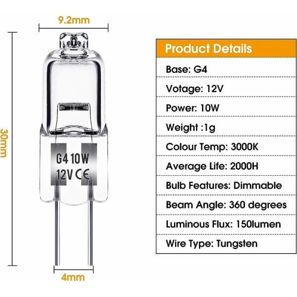 G4 Halogenpære, 12V 10W G4 Pære, 150LM, G4 Halogenlampe, C