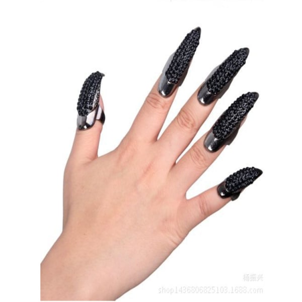 10-pak Halloween kostume klo falske negle ring sæt, Goth Punk Crystal fuld ringe Boutique kløer negle buede fingerspidser klo piger kvinder mænd nemme falske fingerringe lange negle sort - M