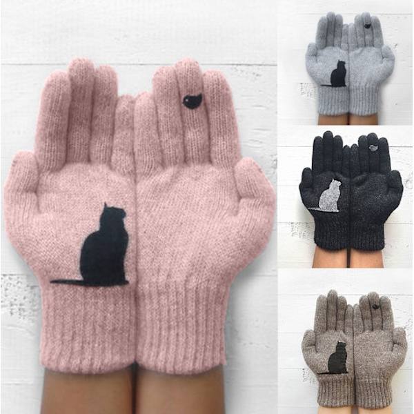 2 par varma och köldbeständiga kattfågeltryckta yllehandskar för höst och vinter (rosa)