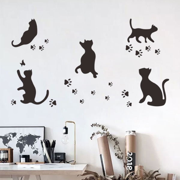 Set med 5 avtagbara väggdekaler i vinyl med kattfotspår, svart