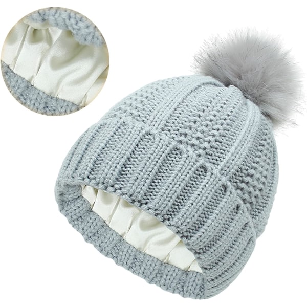 Vinter kvinners strikkede lue Beanie med ikke-fjernbar Pompom varm satengfôr Beanie Hat Silkefôr Heklet utendørs lue-lys grå