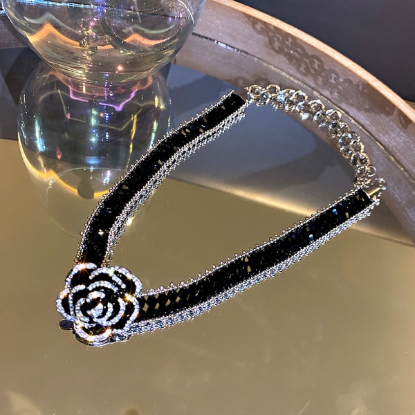 Temperament svart kristallrosa blomma halsband, modedesign sh