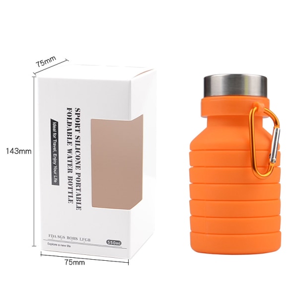 550 ml orange og sølv silikone vandflaske med bred mundlåg