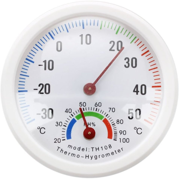 Termometer, hygrometer, rund nåltyp urtavla, testare, vit utsida och