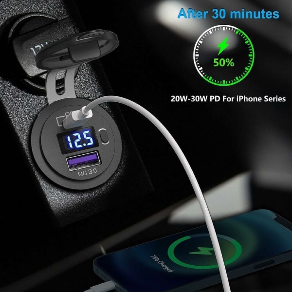 48W USB C Car Charger Socket, 12V/24V PD&QC 3.0 Car Socket with L