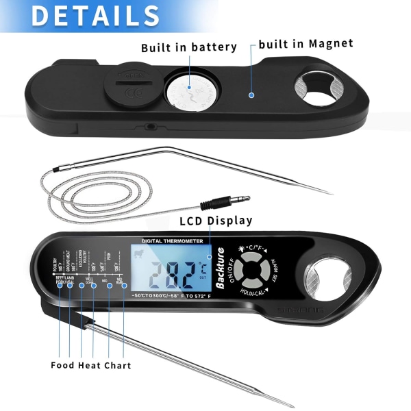 Keittiölämpömittari, grillilämpömittari, välitön lukeminen ruoanlaittolämpömittari, lihalämpömittari, 2 pitkällä anturilla ja LCD-näytöllä, grilliin